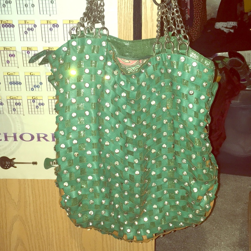 Greenish Rhinestone reversible shoulder bag
